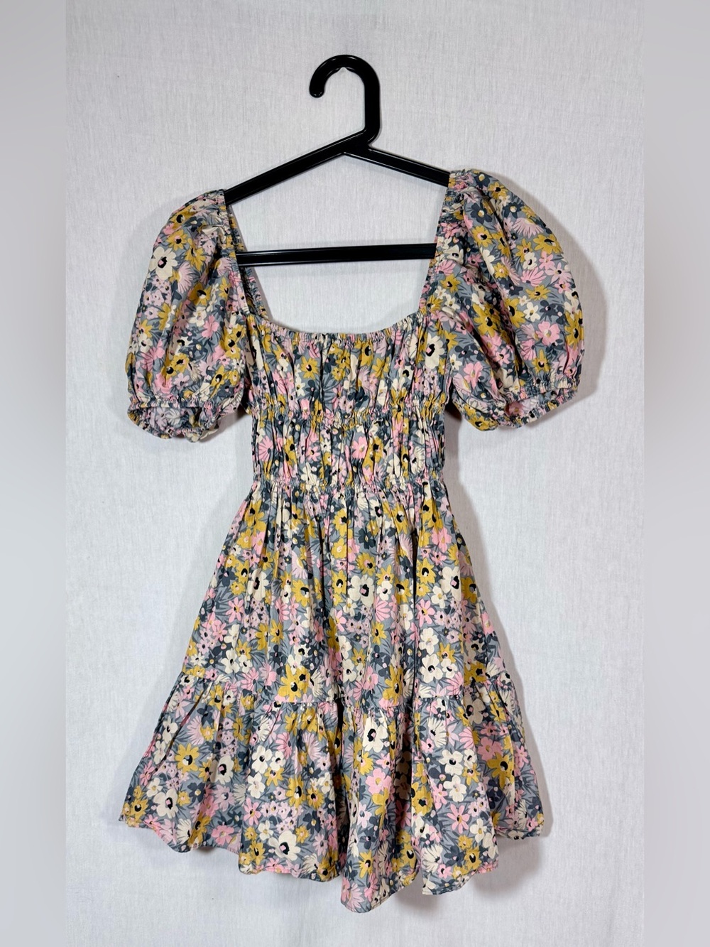 Olivacious XS Floral Puff Sleeve mini dress in Pink, Yellow & Gray 100% cotton